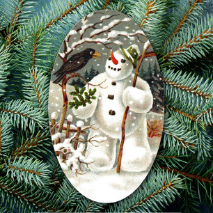 titel: de heer Snowman en de heer Crow Oval Sticke Ovale Sticker