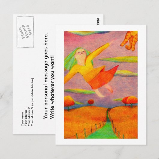 Titel: Flying Girl ~ Fun happy PERSONALIZED art Briefkaart (Voorkant / Achterkant)