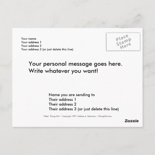 Titel: Flying Girl ~ Fun happy PERSONALIZED art Briefkaart (Achterkant)