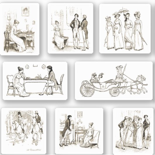 Titel: 'Pride and Prejudice' Beige Boek Illustrati Sticker (Voorkant)