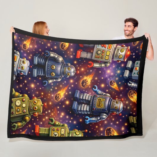 Titel retro ruimterobots en vlammende reacties pre fleece deken (In situ)