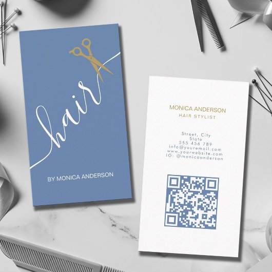 Titel: Stofblauw Gouden Haar Script Schaar QR Code Visitekaartje