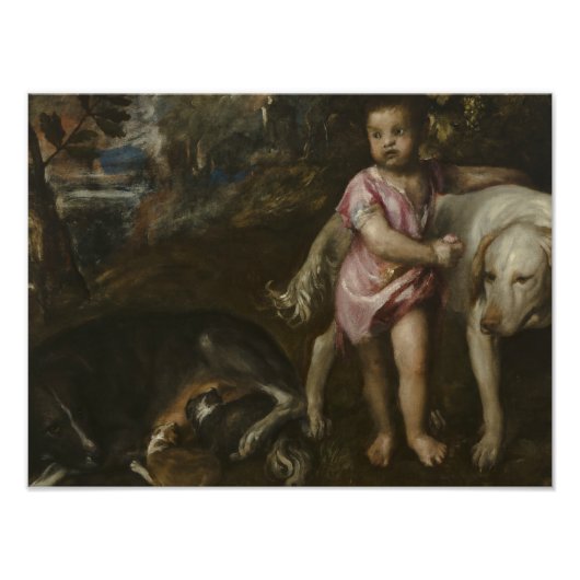 Titiaan - Jongen met honden in een landschap Foto Afdruk (Voorkant)