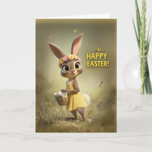 Title Adorable Easter Bunny with Basket and Flower Kaart (Voorkant)