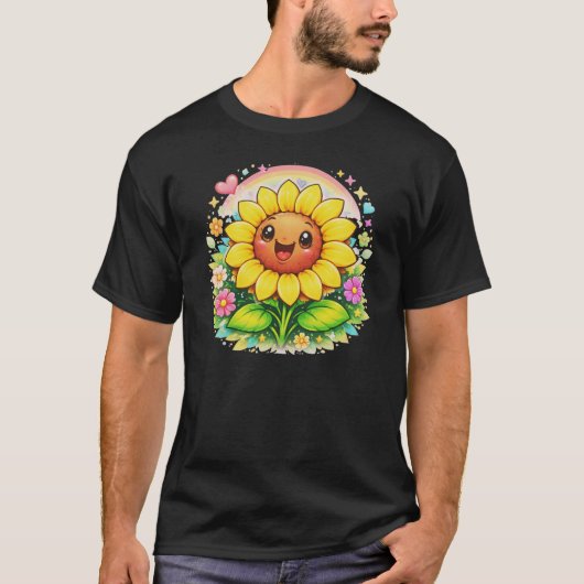 🌻 Title Cute Smiling Sunflower Rainbow Garden T-shirt (Voorkant)