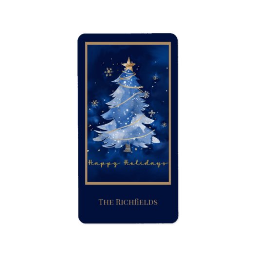 Title: Happy Holidays Elegant Navy Gold Christmas  Etiket (Voorkant)