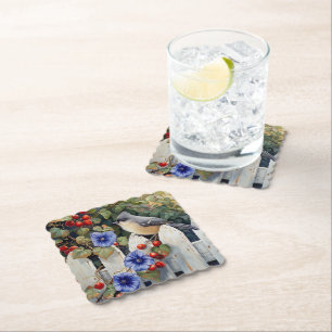 Titmouse op een witte piket hek Morning Glories Kartonnen Onderzetters