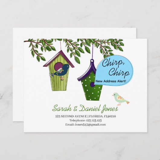 tjirp tjirp nieuw adres alert vogel verplaatsen Aa Aankondigingskaart (Voorkant / Achterkant)