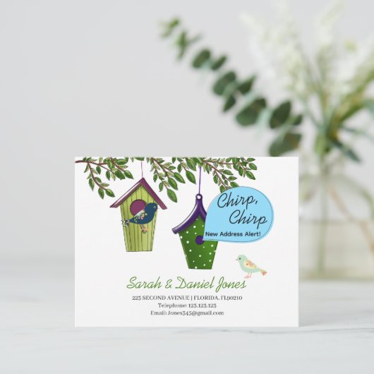 tjirp tjirp nieuw adres alert vogel verplaatsen Aa Aankondigingskaart (Staand voorkant)