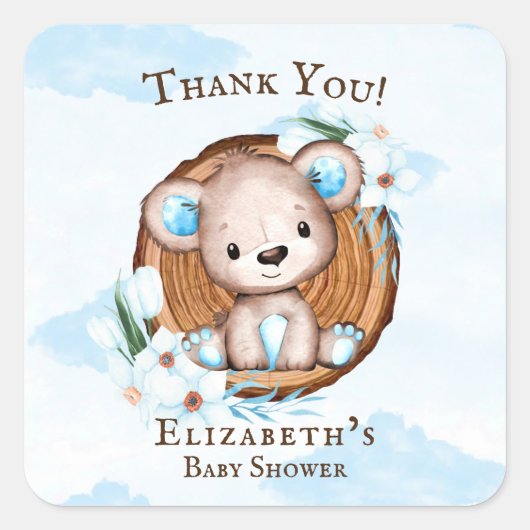 Tjonge Waterverf Teddy Bear Dank je Baby shower Vierkante Sticker (Voorkant)