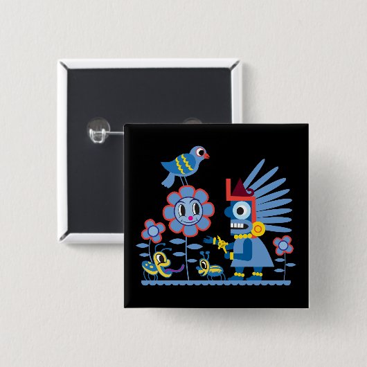 Tlaloc's Happy Spring Flower Time. Vierkante Button 5,1 Cm (Voorkant /achterkant)