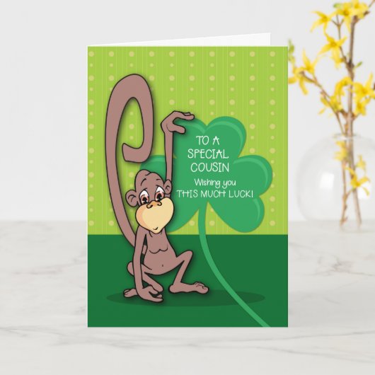 To A Special Cousin, St. Patrick's Day Monkey Kaart (Gele Bloem)