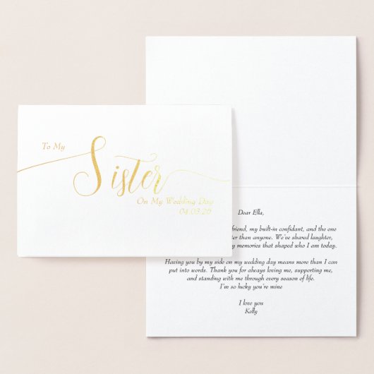 To My Sister on My Wedding Day Elegant Script Folie Kaarten (Display)