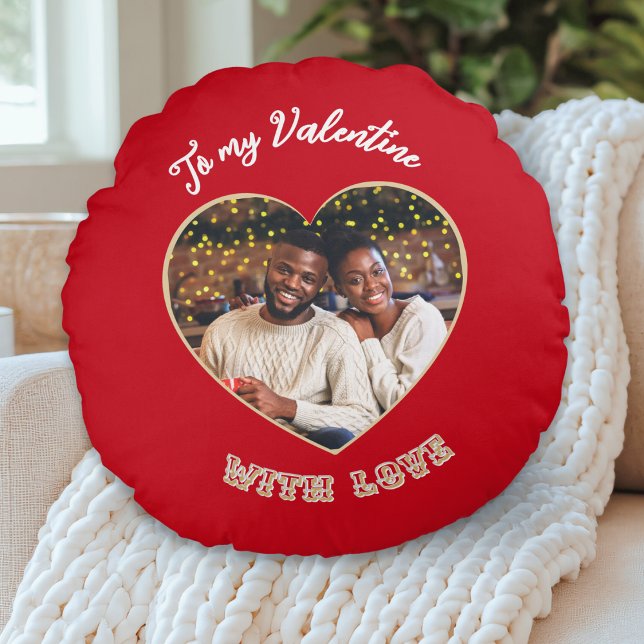 To My Valentine | Custom Photo Heart Red Rond Kussen (A round pillow in red with custom photo in a heart 'frame' and 'To my Valentine with love' words)
