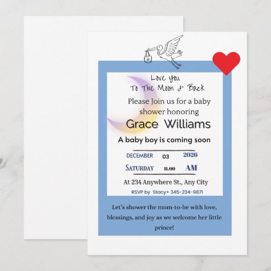 To the Moon and Back Baby Boy Shower Invitation |  Kaart (Voorkant / Achterkant)