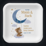 To the Moon and Back Baby Shower Paper Plates  Papieren Bordje<br><div class="desc">This baby shower paper plates design features a cuddly cute teddy bear swinging on a cloud attached to a blue crescent moon. Fluffy clouds and shiny gold stars fill the sky background. Whimsical celestial and modern fonts complete this look. Display on your favorite easel.</div>