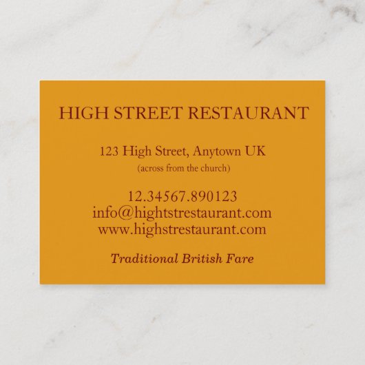 Toad in het Hole British Pub Restaurant Eten Visitekaartje (Achterkant)