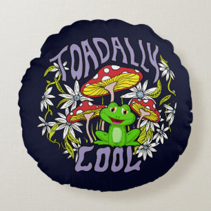 Toadally Cool Kleurrijke bloemen- en kikkertypogra Rond Kussen