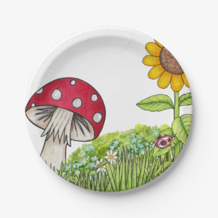 Toadstool en zonnebloem papieren bordje