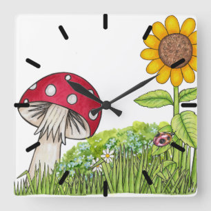 Toadstool & Sunflower Clock Vierkante Klok