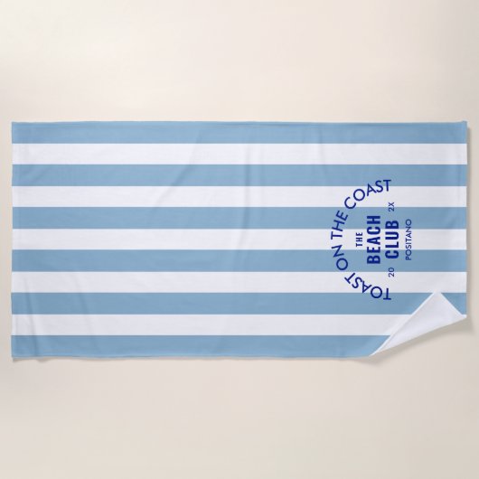 Toast aan de kust van de Beach Club Blue Stripe Strandlaken (Voorkant)