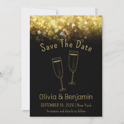 Toast Gold Glitter Zwart Bruiloft Save The Date Kaart (Voorkant)
