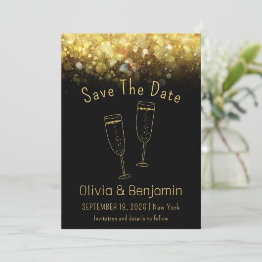 Toast Gold Glitter Zwart Bruiloft Save The Date Kaart (Staand voorkant)