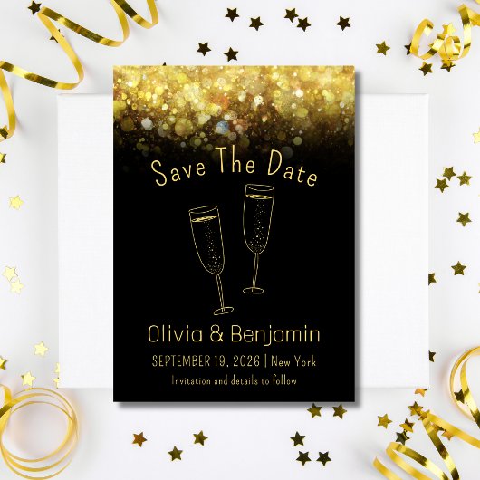 Toast Gold Glitter Zwart Bruiloft Save The Date Kaart