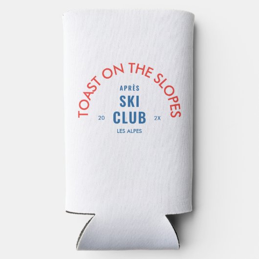 Toast op de pistes après skiclub rood & blauw seltzer blikjeskoeler (Achterkant)