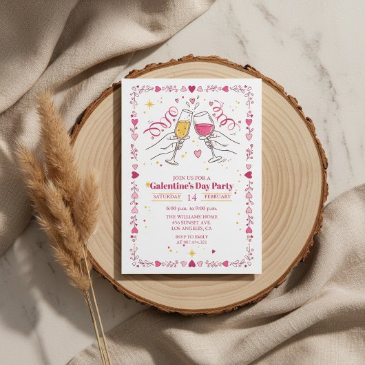 Toasting Galentines Day Invitation Heart Frame Kaart