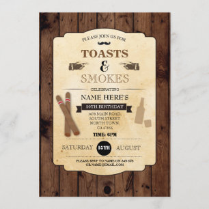 Toasts & Smokes Wood Birthday Party 50th Invite Kaart