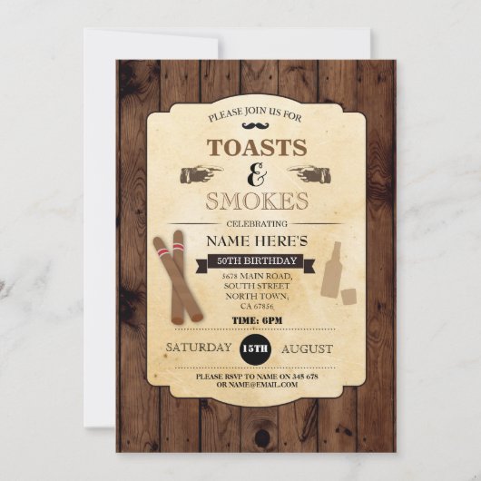 Toasts & Smokes Wood Verjaardagsfeest 50e Uitnodig Kaart (Voorkant)