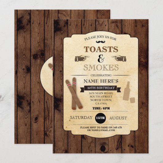 Toasts & Smokes Wood Verjaardagsfeest 50e Uitnodig Kaart (Voorkant / Achterkant)