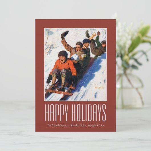 Tobagganing Feestdagenkaart (Staand voorkant)