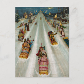 Toboggans op een winternacht briefkaart