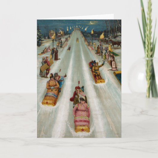 Toboggans op een winternacht feestdagen kaart (Voorkant)