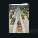 Toboggans op een winternacht feestdagen kaart<br><div class="desc">Kleurenlithografie-reclame voor Star-toboggans,  waarop mensen die 's nachts rond de 1887 migeren nu uit de copyright worden getoond. Afbeelding met dank aan LOC LC-DIG-pga-02374</div>