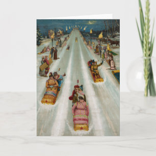 Toboggans op een winternacht feestdagen kaart