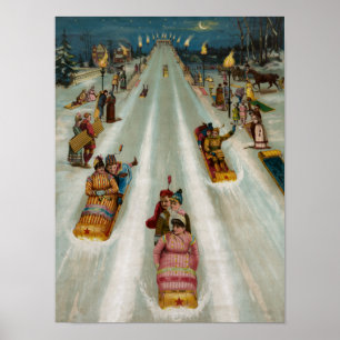 Toboggans op een winternacht poster