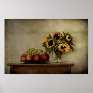 Toch leven, zonnebloemen in Vase, fruit in Bowl Poster