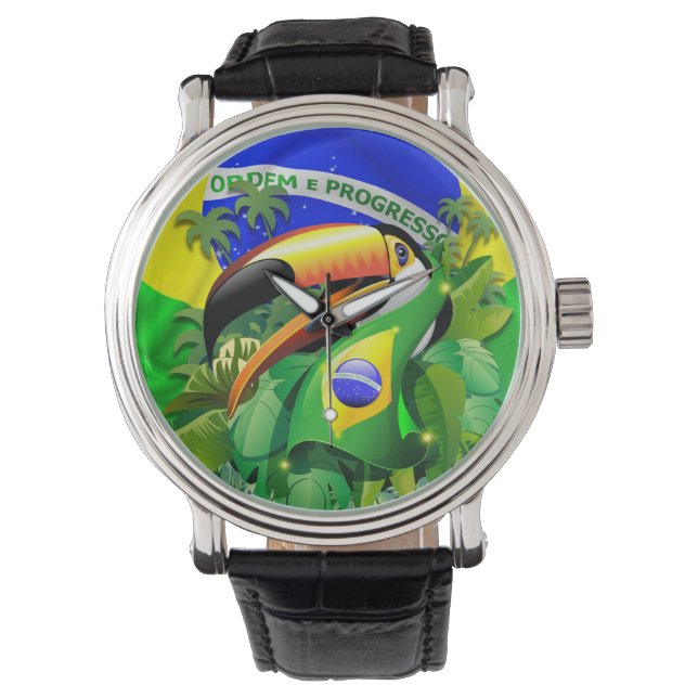 Toco Toucan met Brazilië Vlag Horloge (Voorkant)