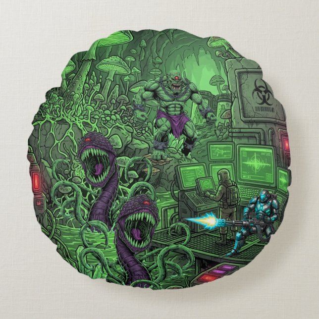 TOCOCLAWS Giftige Grotlab - Biohazard Monster Vlee Rond Kussen (Voorkant)