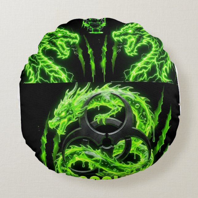 TOCOCLAWS Tweeling Neon Groene Bliksem Draken  Rond Kussen (Voorkant)