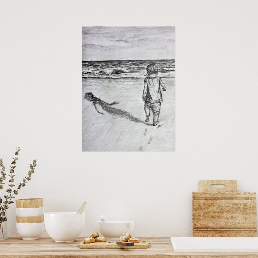 Toddler op het strand potlood Tekenkunst Afdrukken Poster (Keuken)