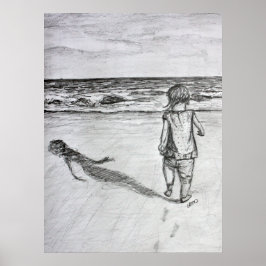 Toddler op het strand potlood Tekenkunst Afdrukken Poster