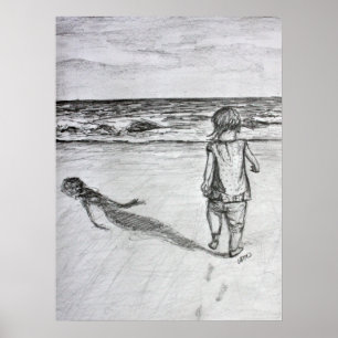 Toddler op het strand potlood Tekenkunst Afdrukken Poster