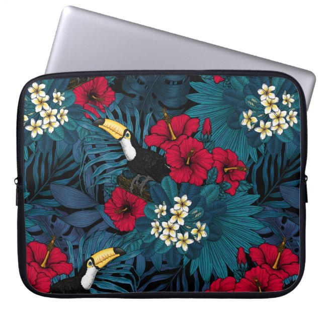 Toecans and tropical flora, green and red laptop sleeve (Voorkant)