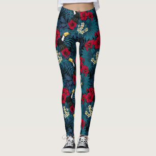 Toecans and tropical flora, green and red leggings