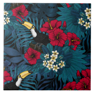 Toecans and tropical flora, green and red tegeltje