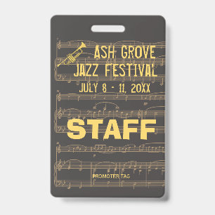 Toegangsbadge voor muziek evenement met jazsthema badge